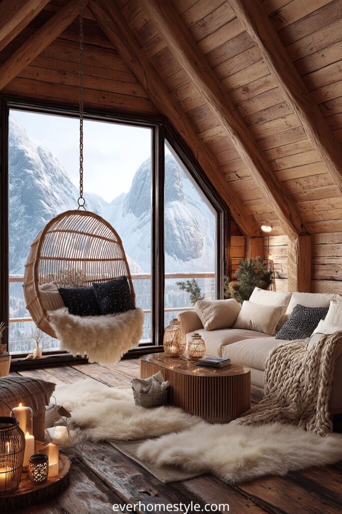 Cozy alpine living room with wooden beams, hanging rattan chair, and mountain view