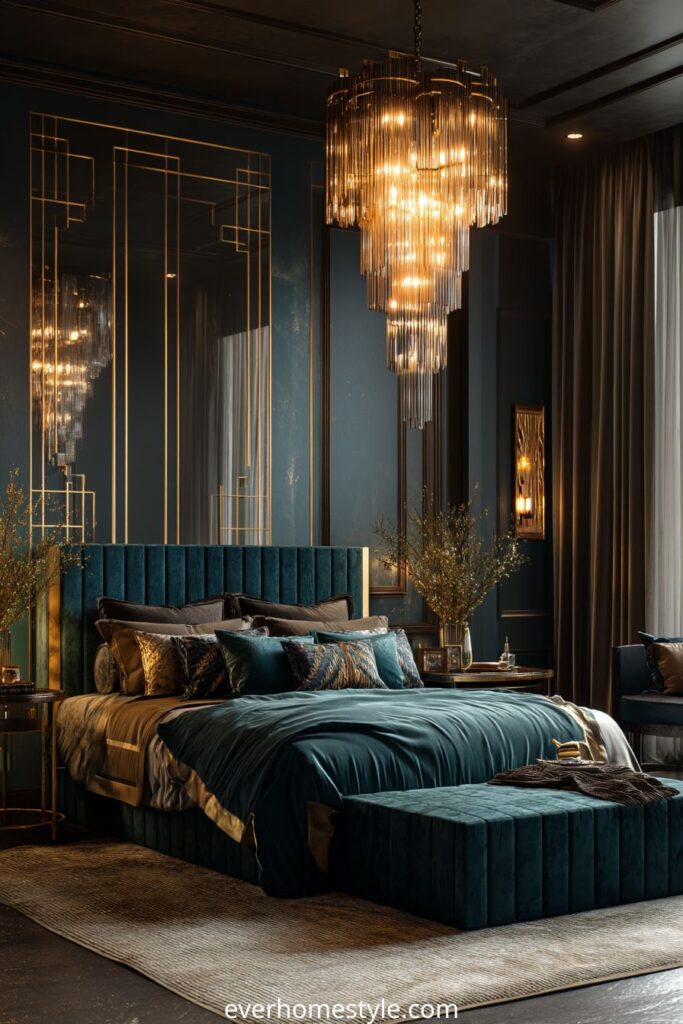 Luxurious bedroom with emerald velvet bed, gold details, and a crystal chandelier.