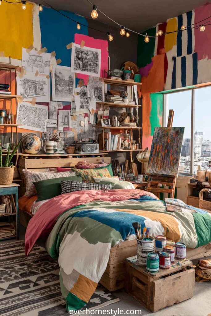 Artistic bohemian bedroom with colorful painted walls, creative sketches, and cozy bedding.