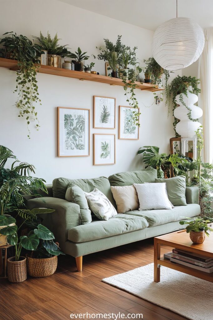 Biophilic living room with green sofa, indoor plants, and botanical wall art