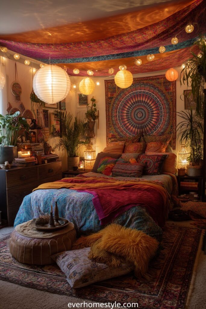 Bohemian bedroom with colorful tapestry and layered textiles.
