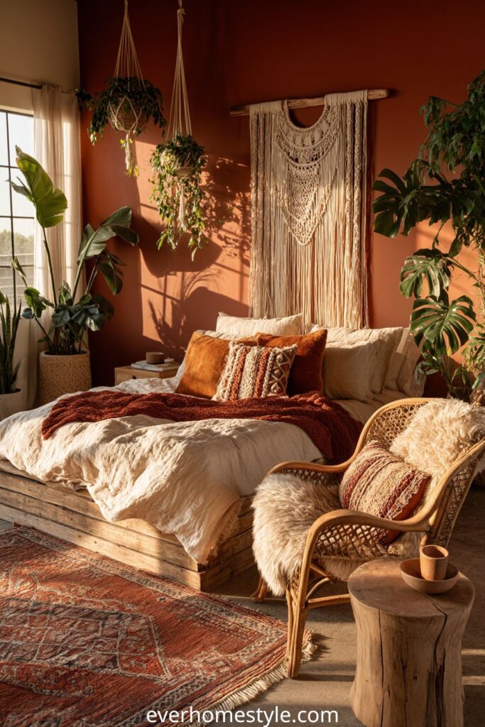 Cozy bohemian bedroom with terracotta wall, macrame art, and hanging plants.
