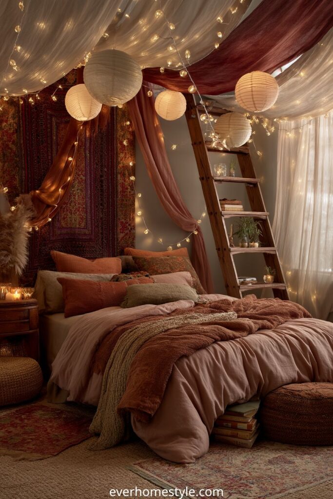 Cozy bohemian bedroom with canopy bed, string lights, and layered textiles.