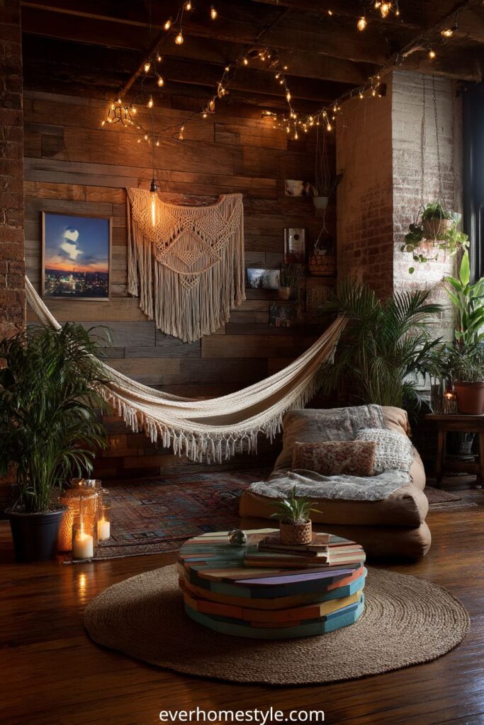 Bohemian living room with hammock, string lights, and rustic wood wall décor