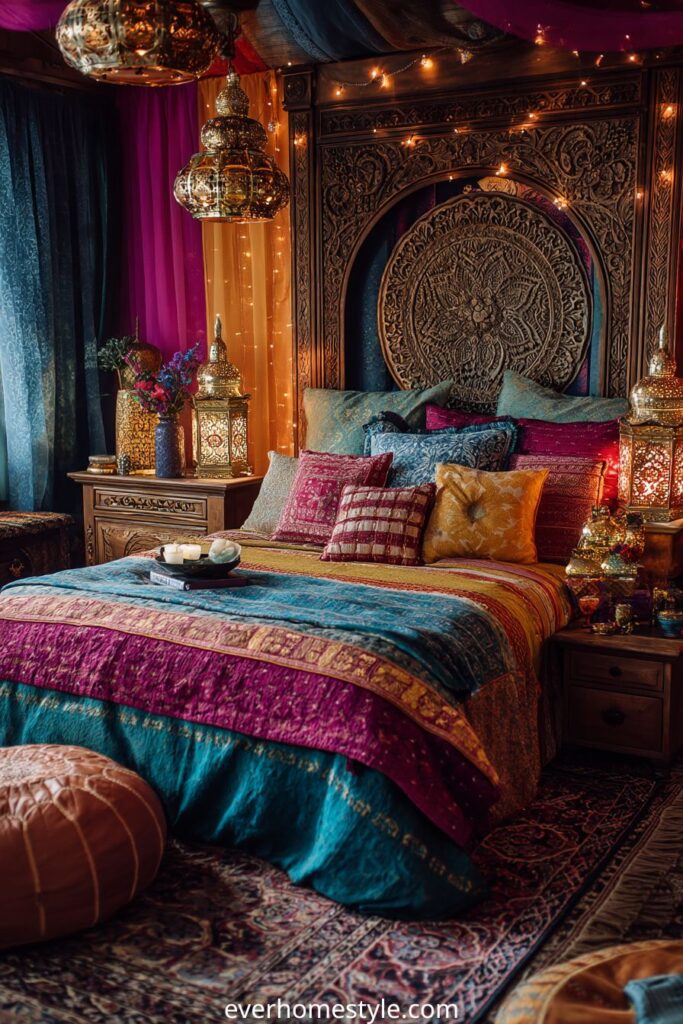 Luxury bohemian bedroom with colorful textiles and golden lanterns.