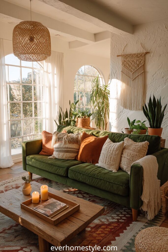 Bohemian living room with green velvet sofa, earthy pillows, and natural sunlight