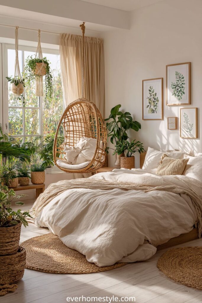 Boho bedroom with hanging chair, lush indoor plants, and natural bedding.