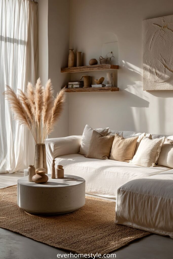 Minimalist neutral living room with pampas grass and textured decor