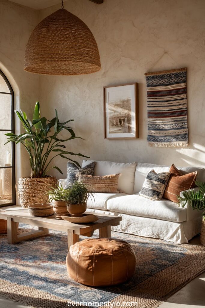 Mediterranean boho living room with white sofa, woven pendant light, and rustic decor