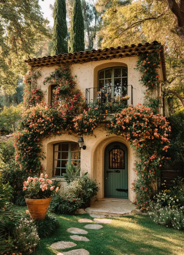 Charming two-story cottage house with rose vines and lush garden