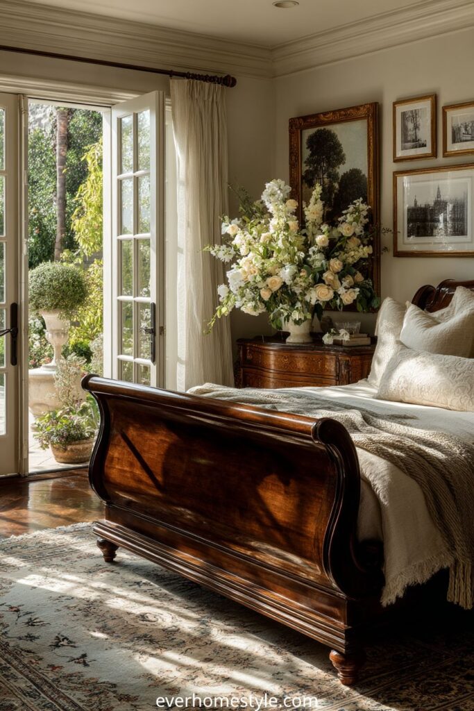Classic bedroom with wooden sleigh bed and garden view through French doors.