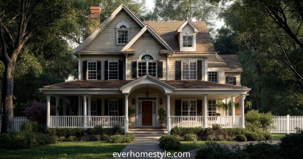 Classic suburban house exterior with wraparound front porch, white columns, and landscaped garden.