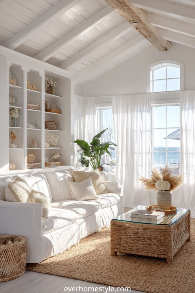 Bright coastal living room with white sofa, wicker furniture, and ocean view