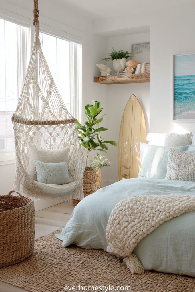 Coastal boho bedroom with hammock chair and beach-inspired decor.