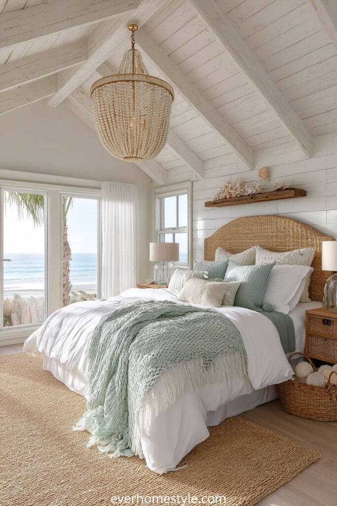 Beach-style bedroom with sea view, white walls, and woven headboard.