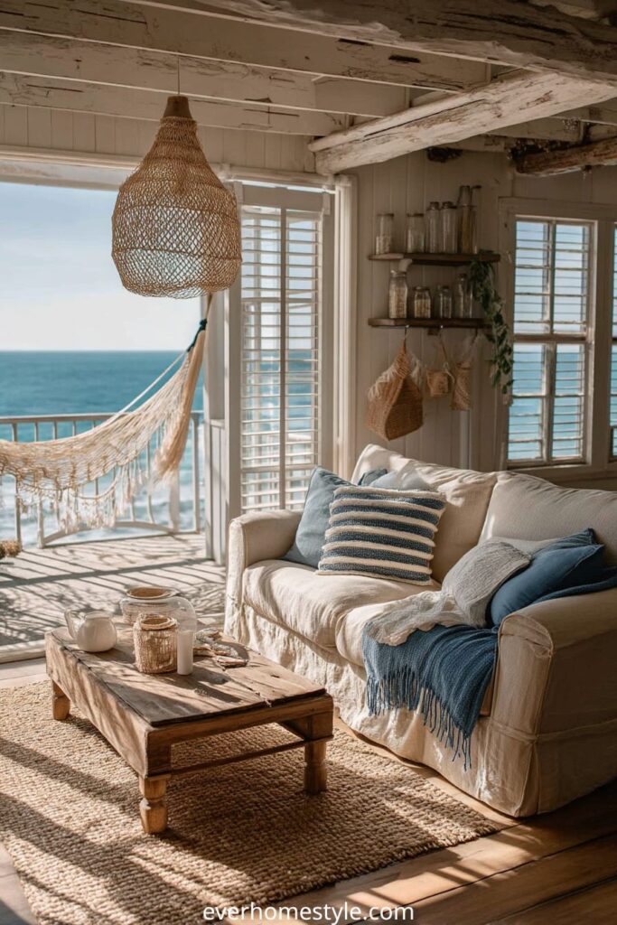 Coastal living room with white sofa, blue pillows, and ocean view balcony.
