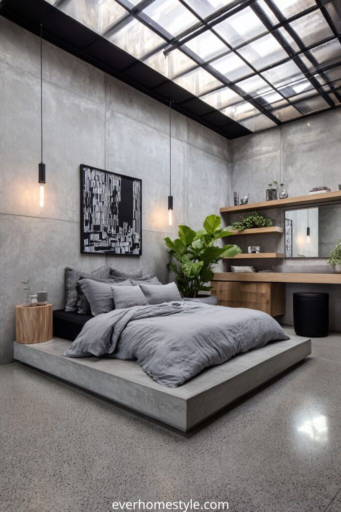 Contemporary bedroom with concrete walls, skylight ceiling, and modern furniture.