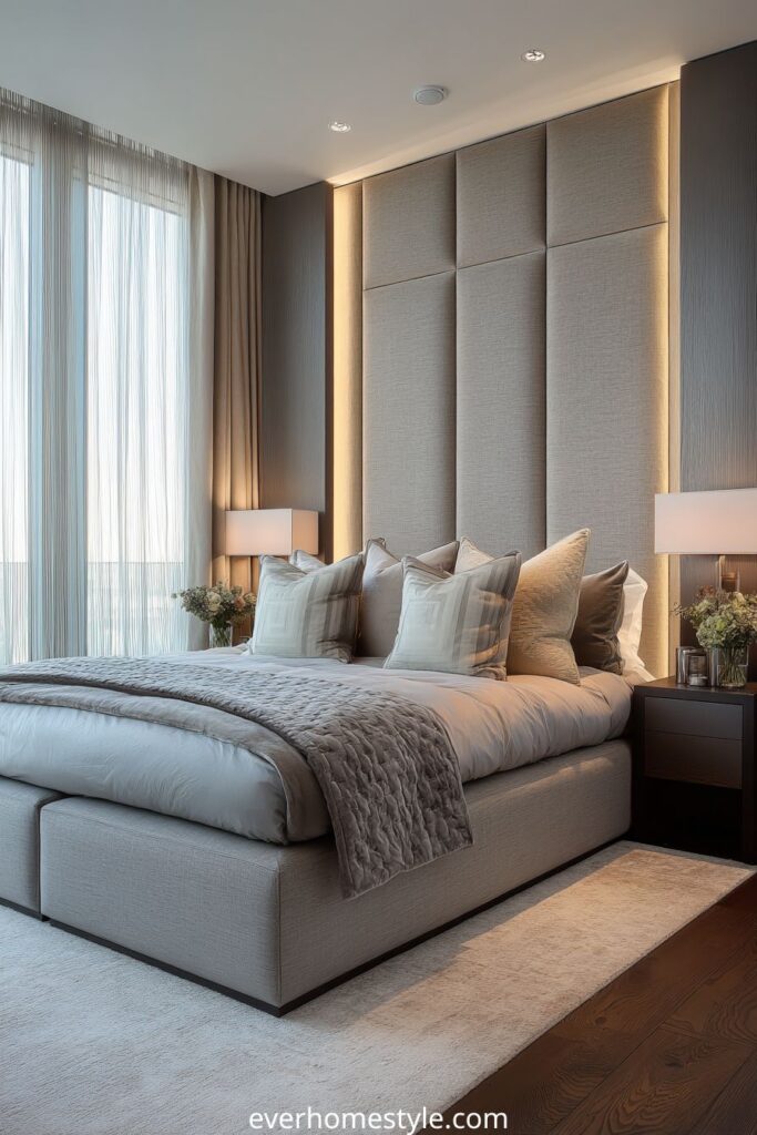 Contemporary bedroom with soft gray upholstered bed and neutral decor.
