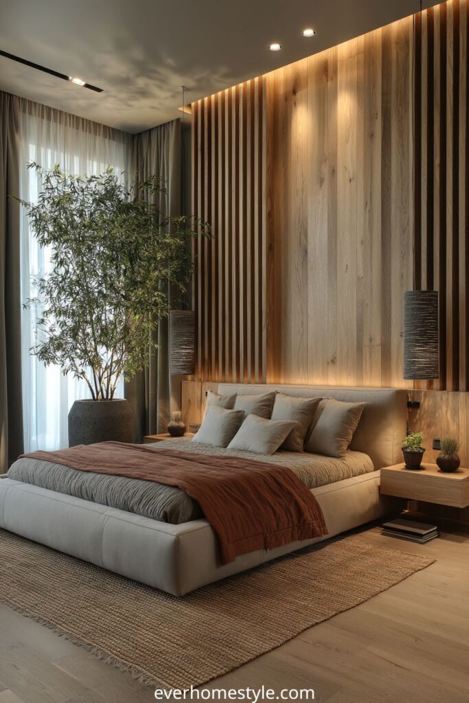 Modern bedroom with wood slat accent wall, neutral bedding, indoor tree, and warm ambient lighting.
