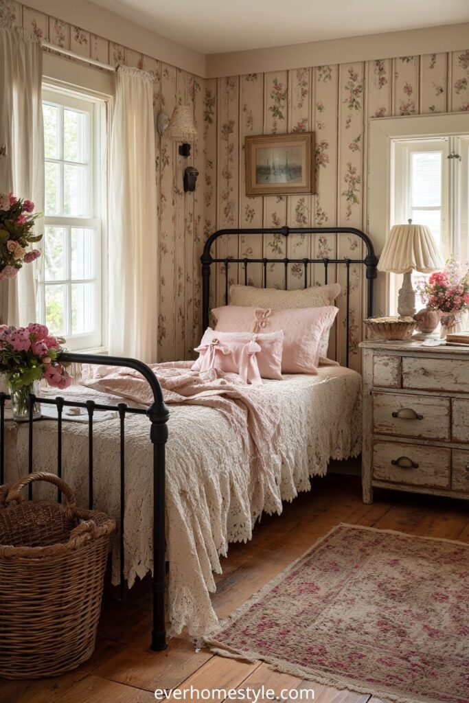 Cottage bedroom with floral wallpaper, iron bed, and lace bedding.