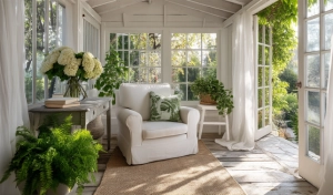 Cozy living room decor with armchair and indoor plants