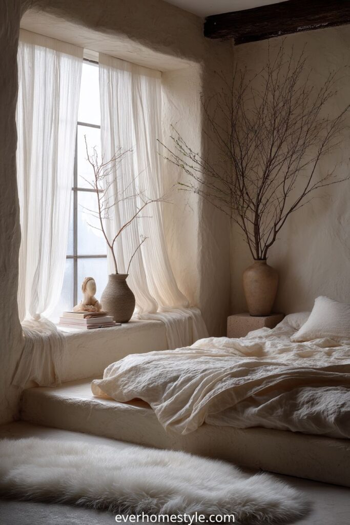 Cozy rustic bedroom with soft linen bedding and natural decor.
