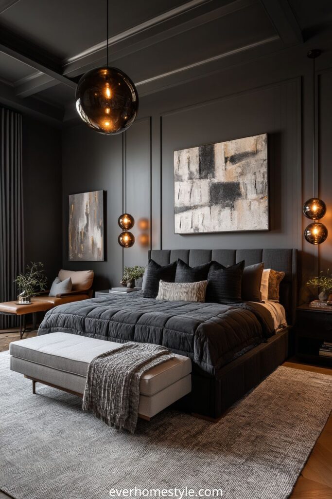 Dark modern bedroom with black interior design and abstract art.