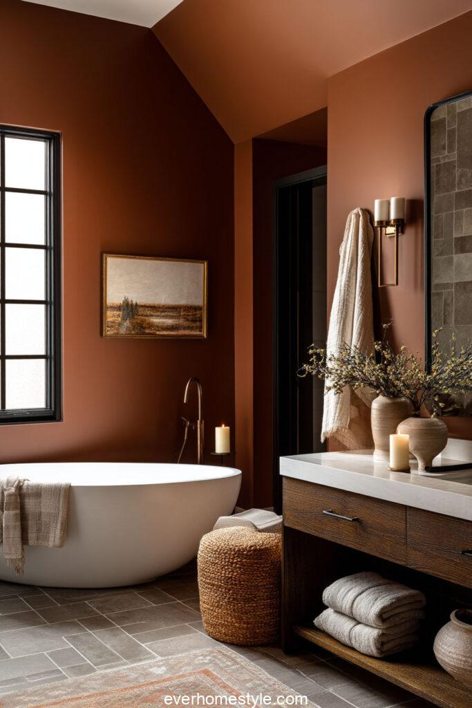earthy bathroom design spicy brown walls rich war