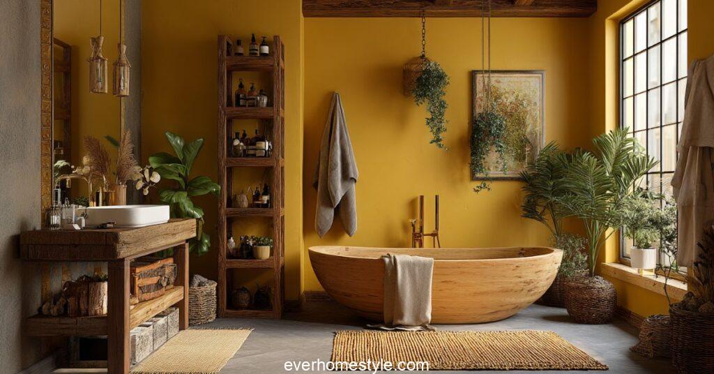 earthy bathroom mustard yellow walls