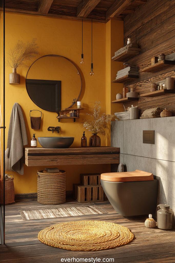 earthy bathroom mustard yellow walls with wood ac
