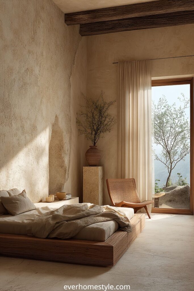 Mediterranean bedroom with earthy tones and stone-textured walls.