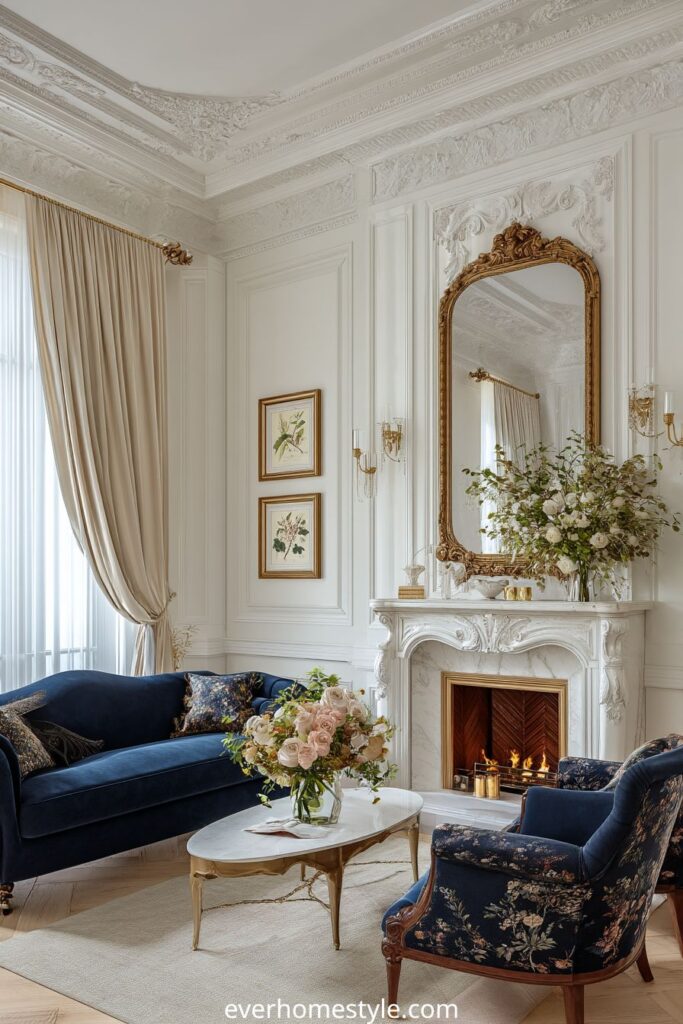 Elegant French living room with navy sofa, white fireplace, and gold mirror