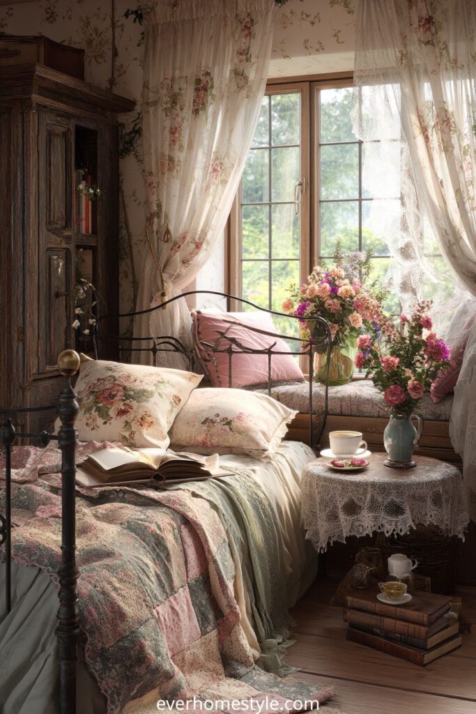 Romantic cottage bedroom with floral bedding, lace curtains, and vintage furniture.