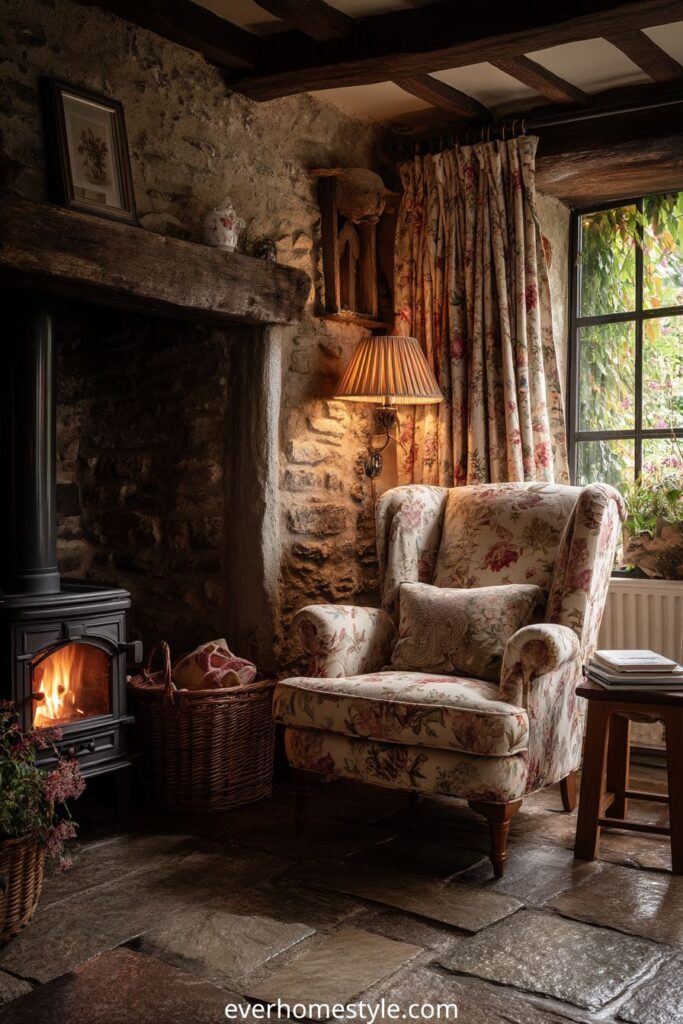 English cottage living room with floral armchair and stone fireplace.
