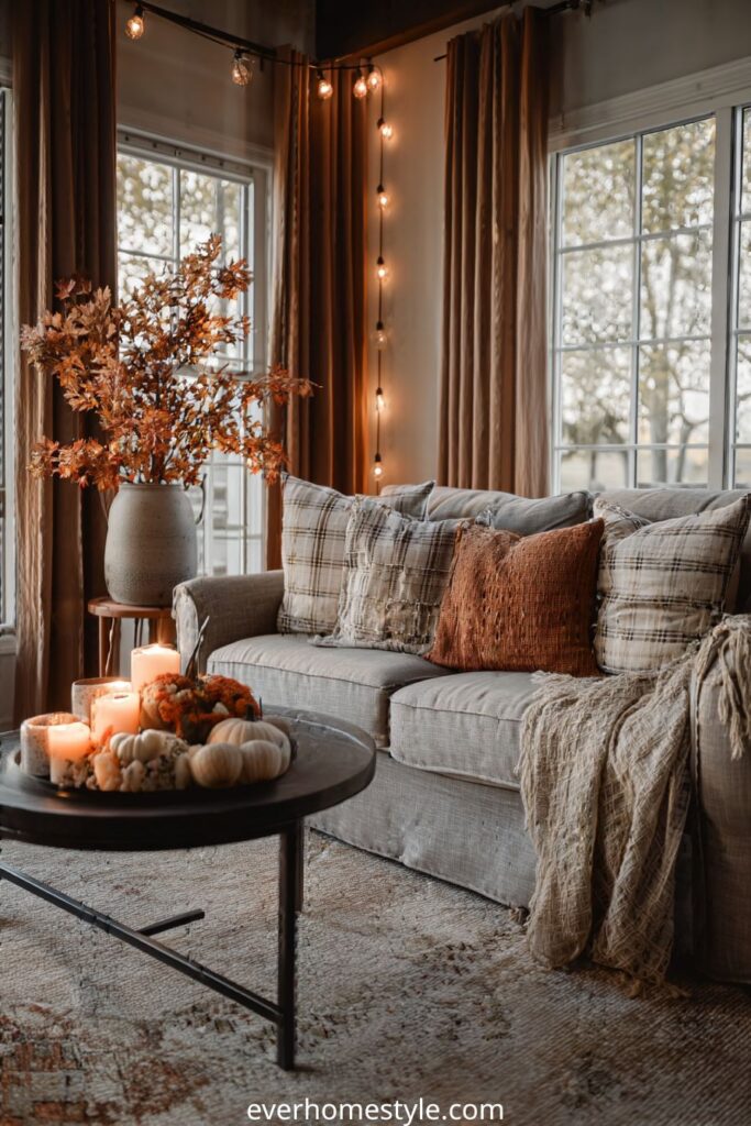 Cozy fall living room with plaid pillows, candles, and autumn leaves decor