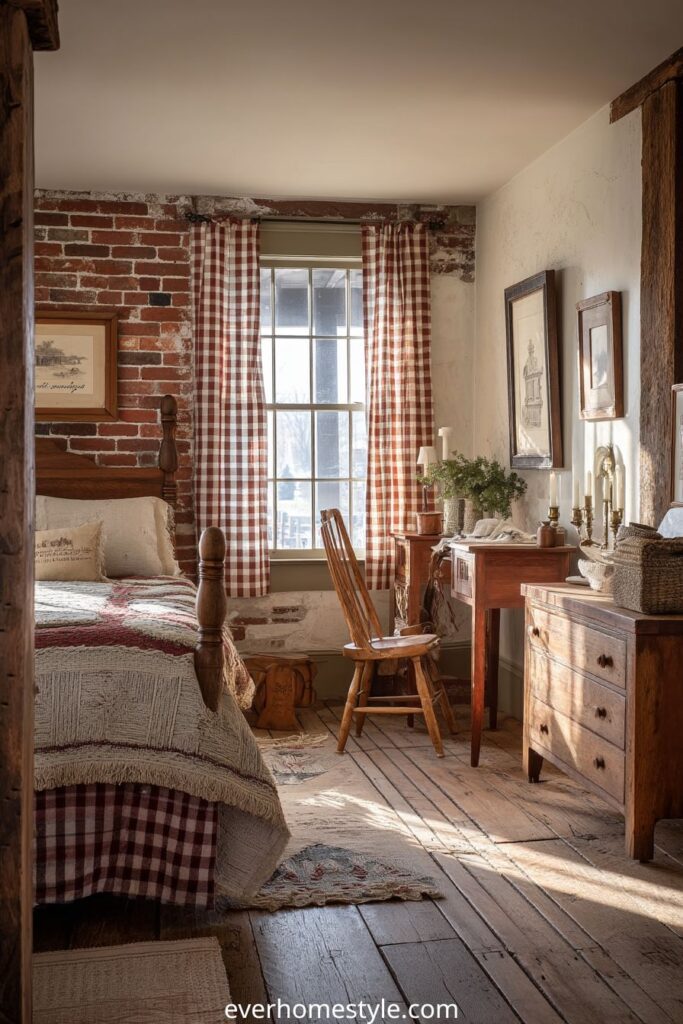 Farmhouse bedroom with exposed brick wall, gingham curtains, and vintage quilt.