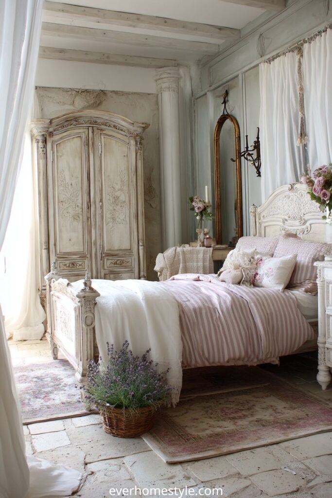 French country bedroom with antique white furniture and floral decor.