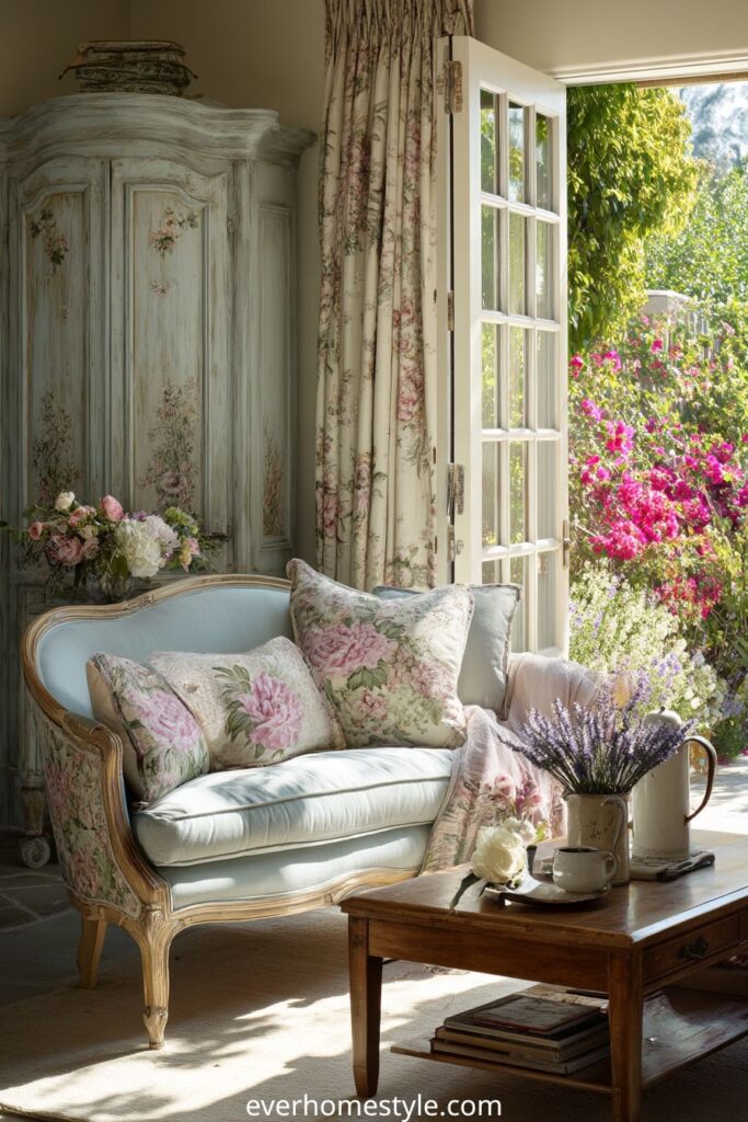 French country living room with floral sofa and garden view