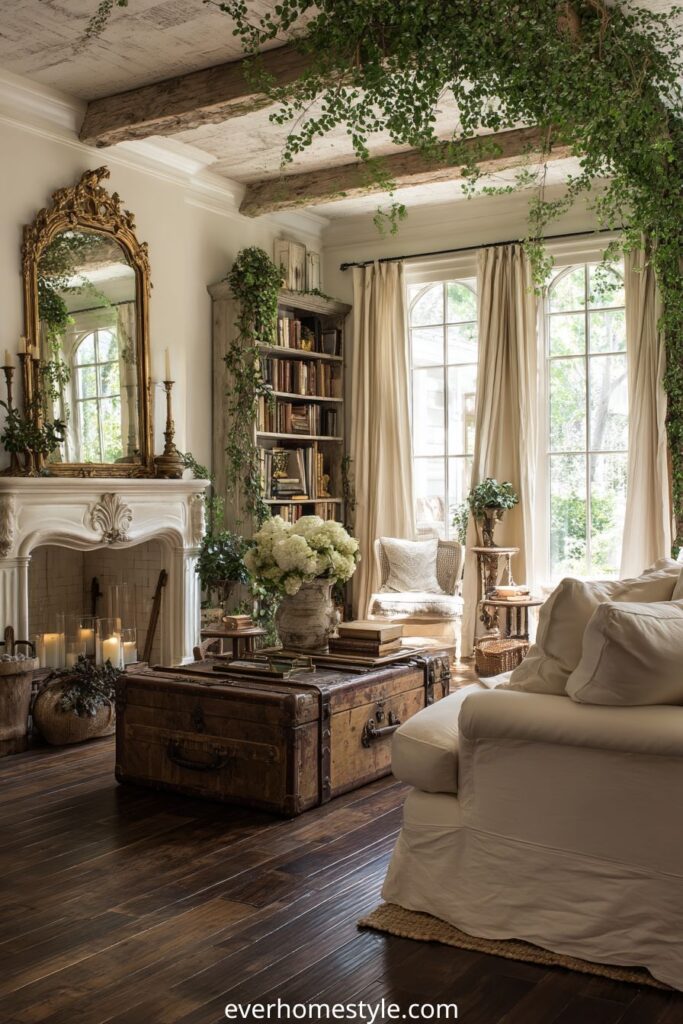 French rustic living room with vintage mirror, antique trunk, and white sofa.