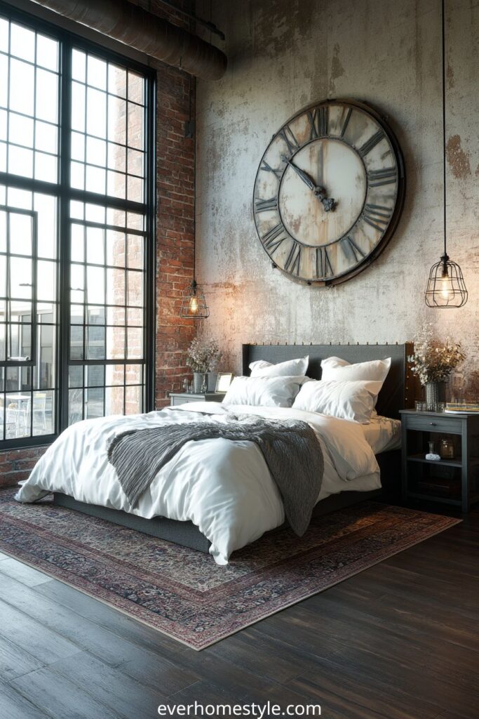 Industrial loft bedroom with large wall clock, brick wall, and modern bed.