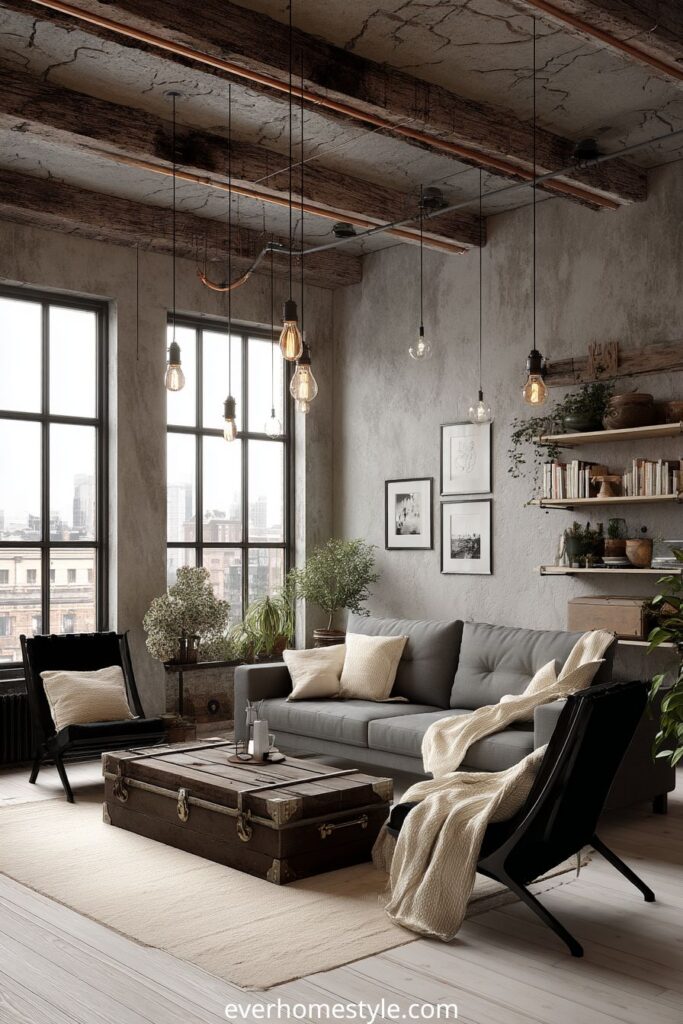 Industrial living room with exposed beams, grey sofa, and rustic coffee table trunk
