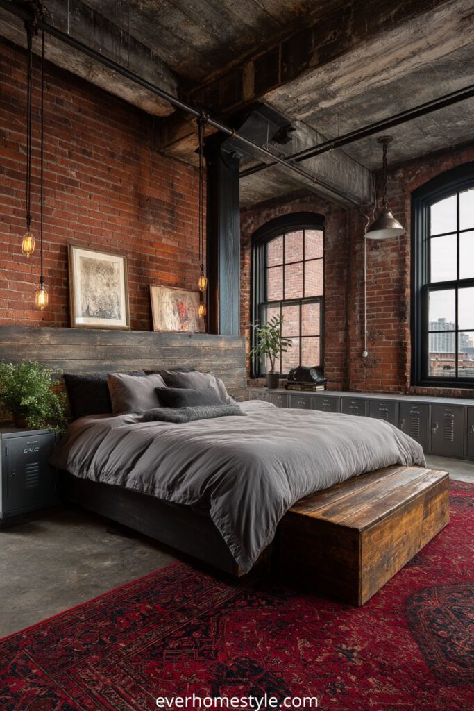 Industrial loft bedroom with exposed brick walls and rustic wooden bed.