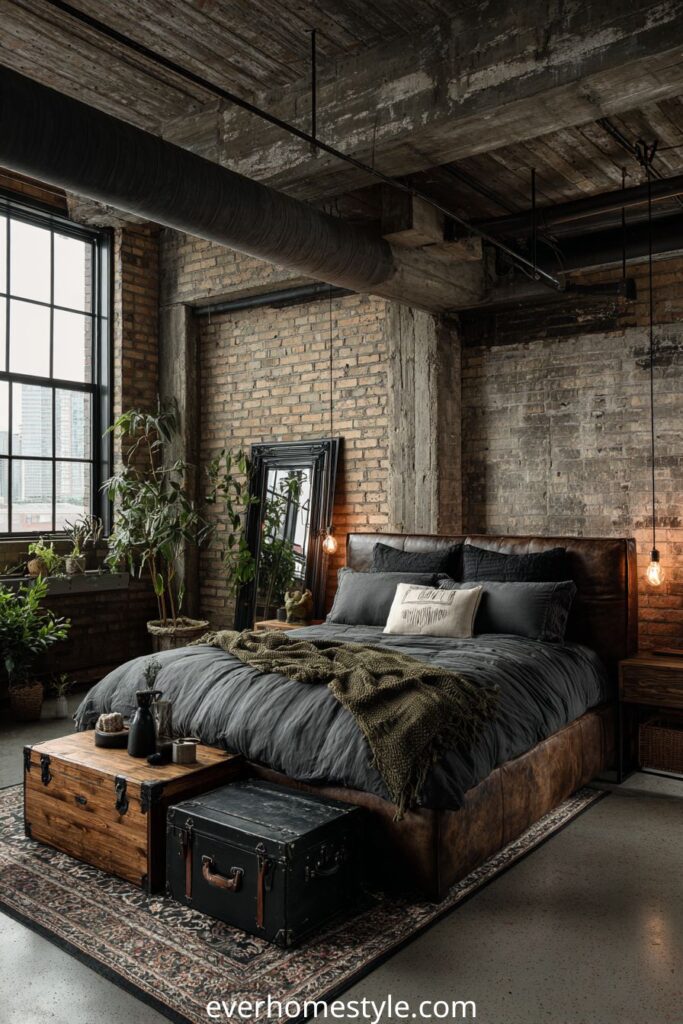 Industrial bedroom with exposed brick wall, leather bed, and vintage trunks.