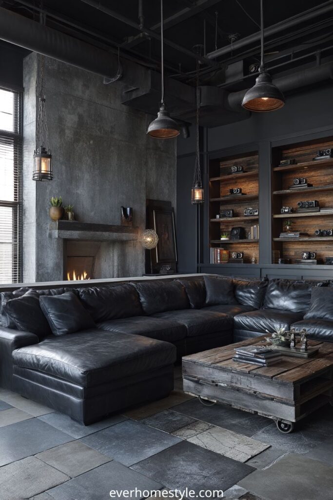 Industrial loft living room with black leather sectional and rustic coffee table