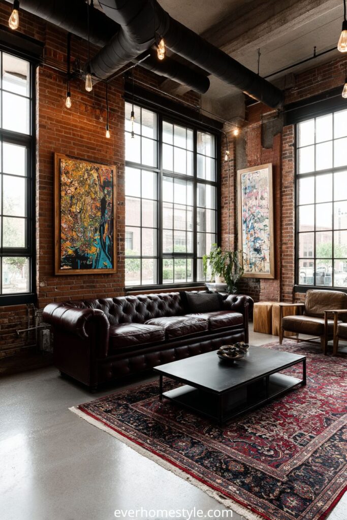 Industrial loft living room with brown leather chesterfield sofa and brick walls
