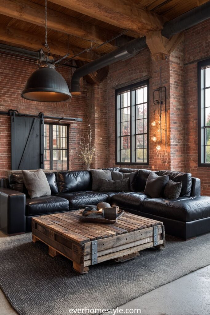 Industrial loft living room with black leather sectional and brick walls.