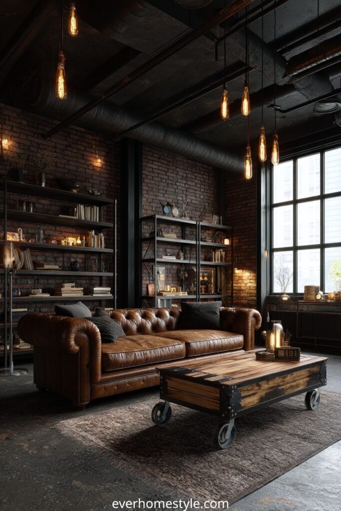 Industrial living room with exposed brick walls, leather sofa, and Edison lights
