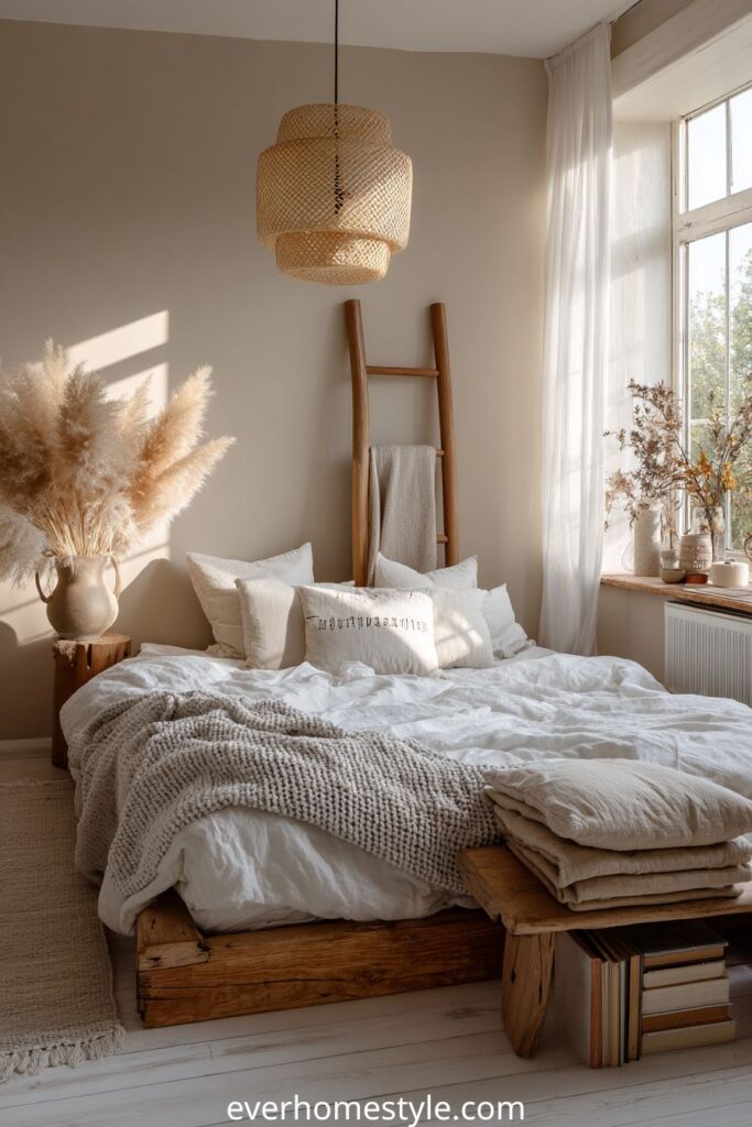 Minimal boho bedroom with beige tones, pampas grass, and low wooden bed.