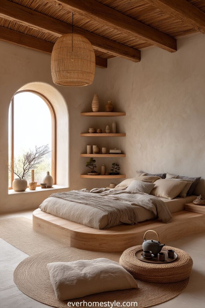 Japandi style bedroom with low wooden bed, arched window, woven pendant light, and natural decor.