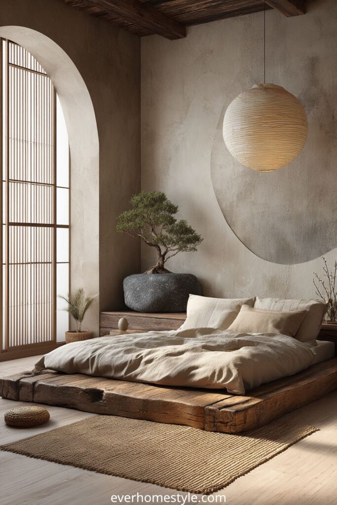 Japanese inspired bedroom with rustic wood platform bed and bonsai.